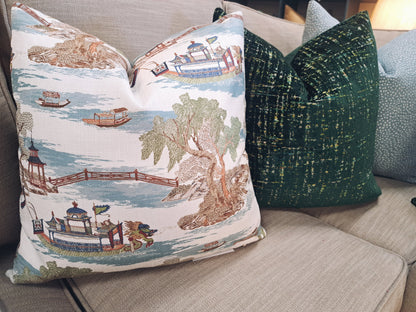 Blue Boat Chinoiserie Print Pillow Cover