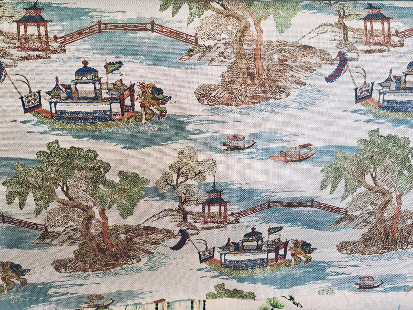 Blue Boat Chinoiserie Print Pillow Cover