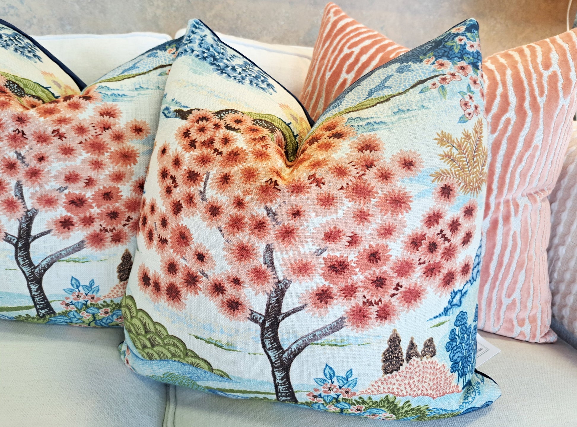 Coral Blue Chinoiserie Scenery Pillow Cover