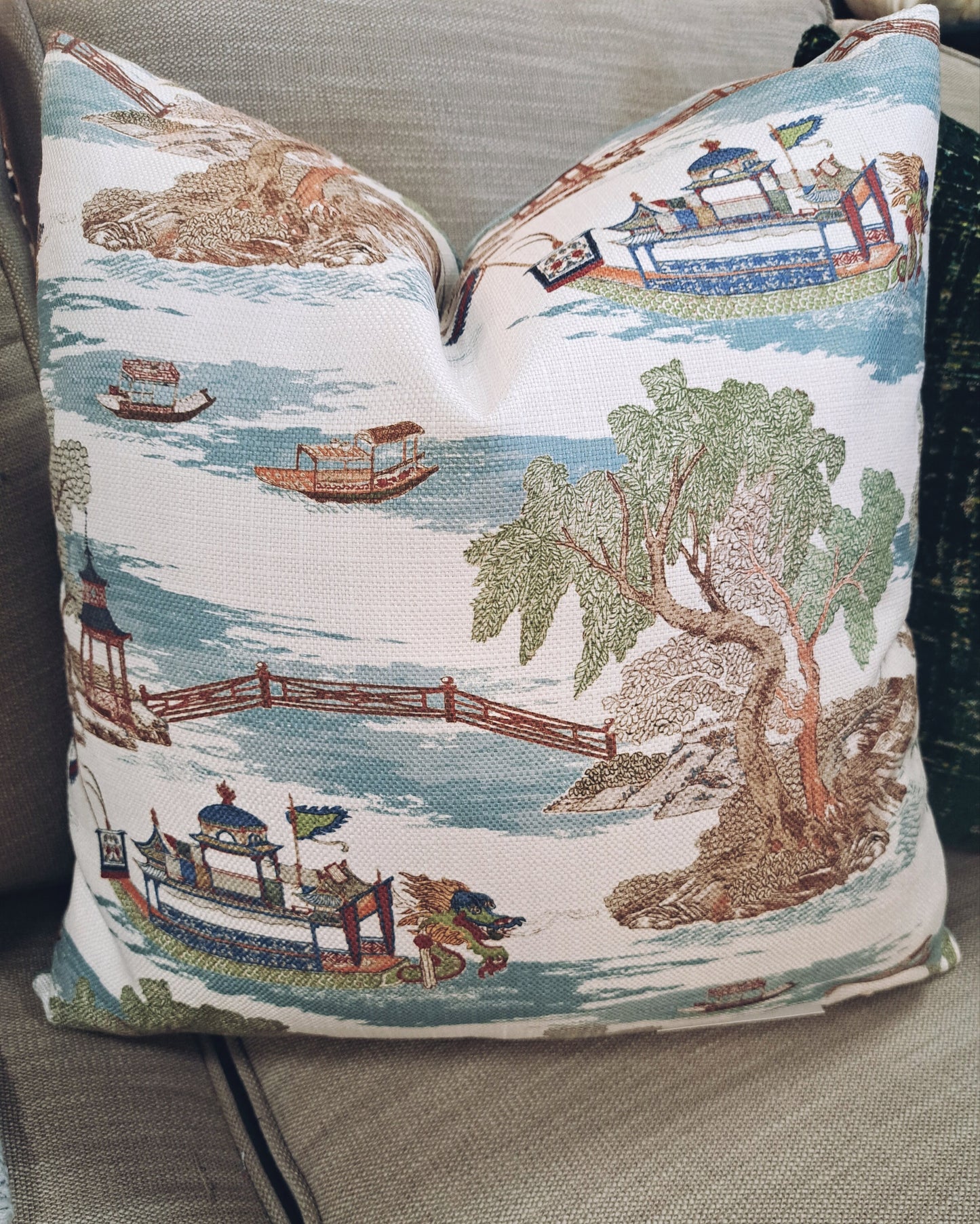 Blue Boat Chinoiserie Print Pillow Cover