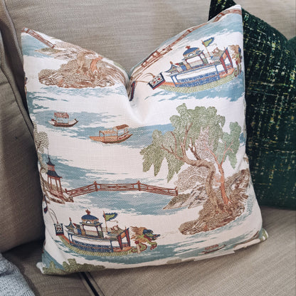 Blue Boat Chinoiserie Print Pillow Cover