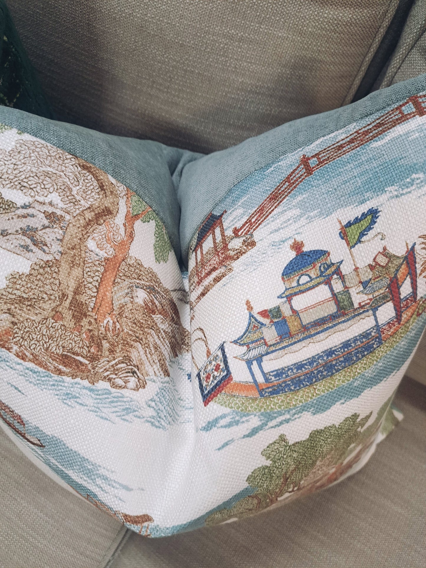 Blue Boat Chinoiserie Print Pillow Cover