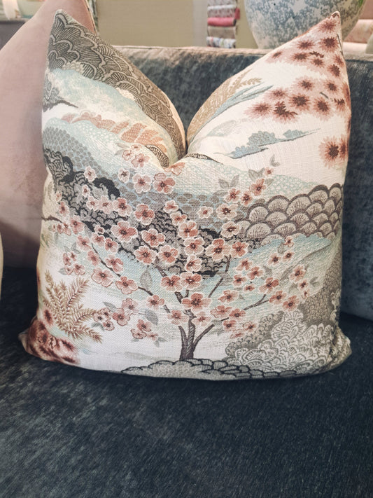 Blush and Blue Chinoiserie Scenery Pillow Cover