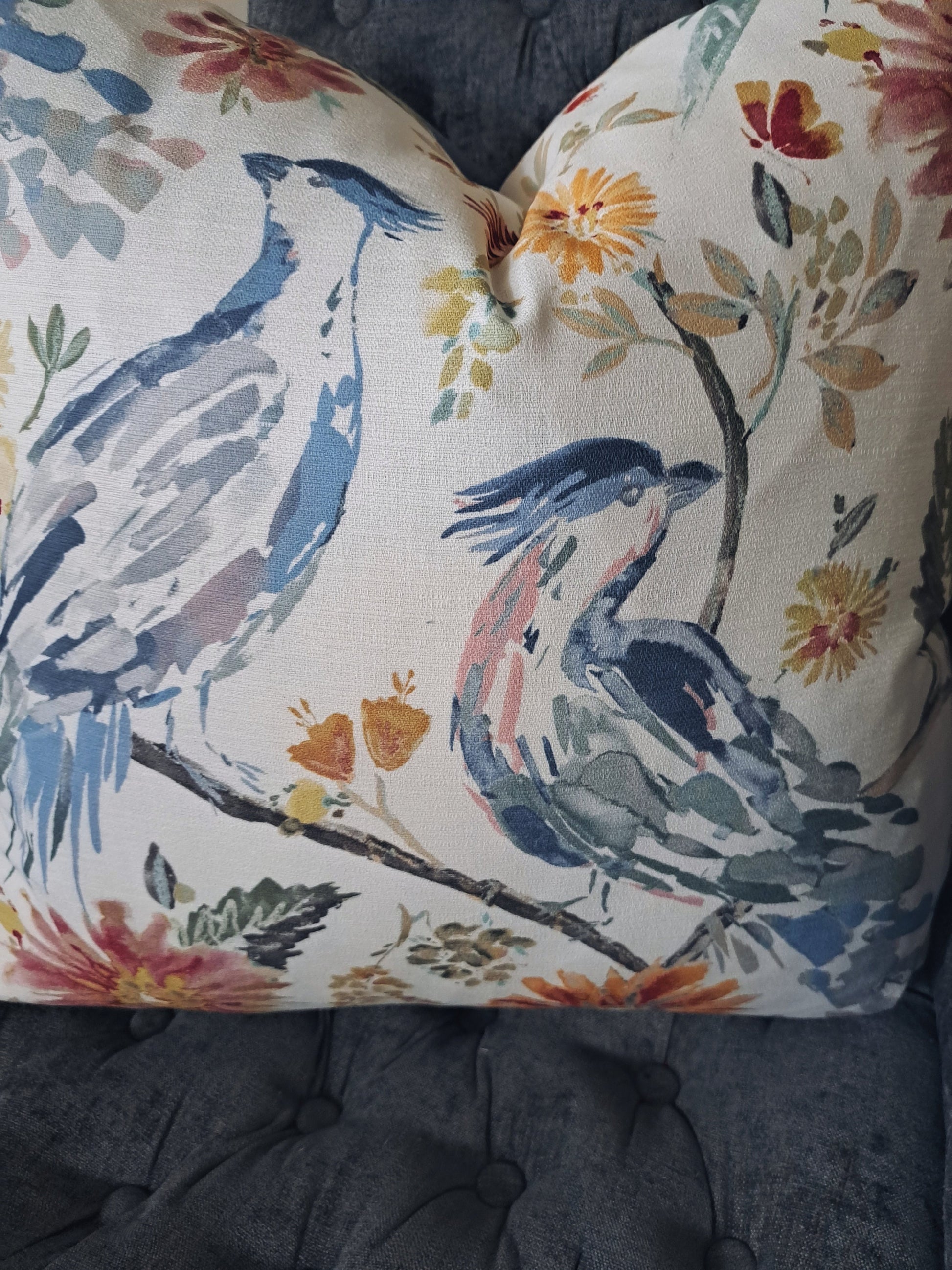 Blue Bird and Colorful Floral Pillow Cover