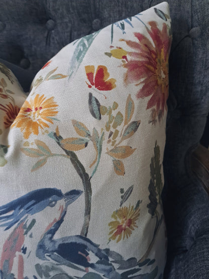 Blue Bird and Colorful Floral Pillow Cover