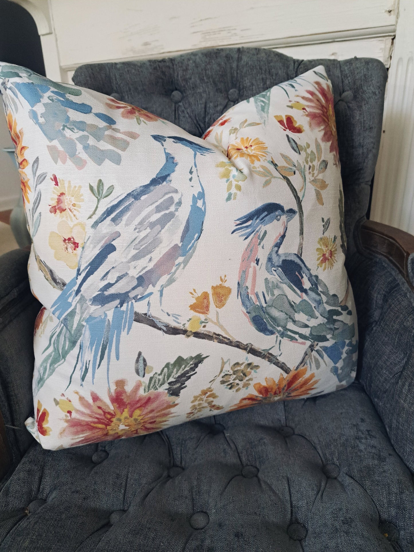 Blue Bird and Colorful Floral Pillow Cover