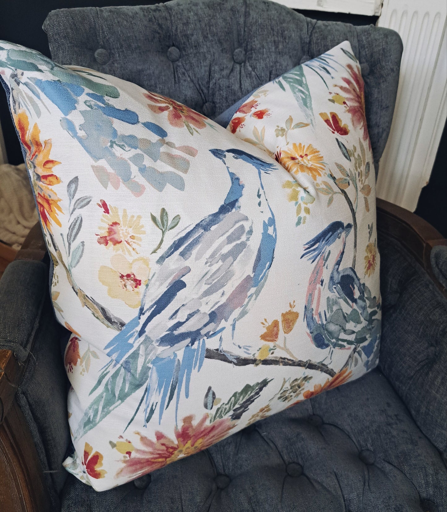 Blue Bird and Colorful Floral Pillow Cover
