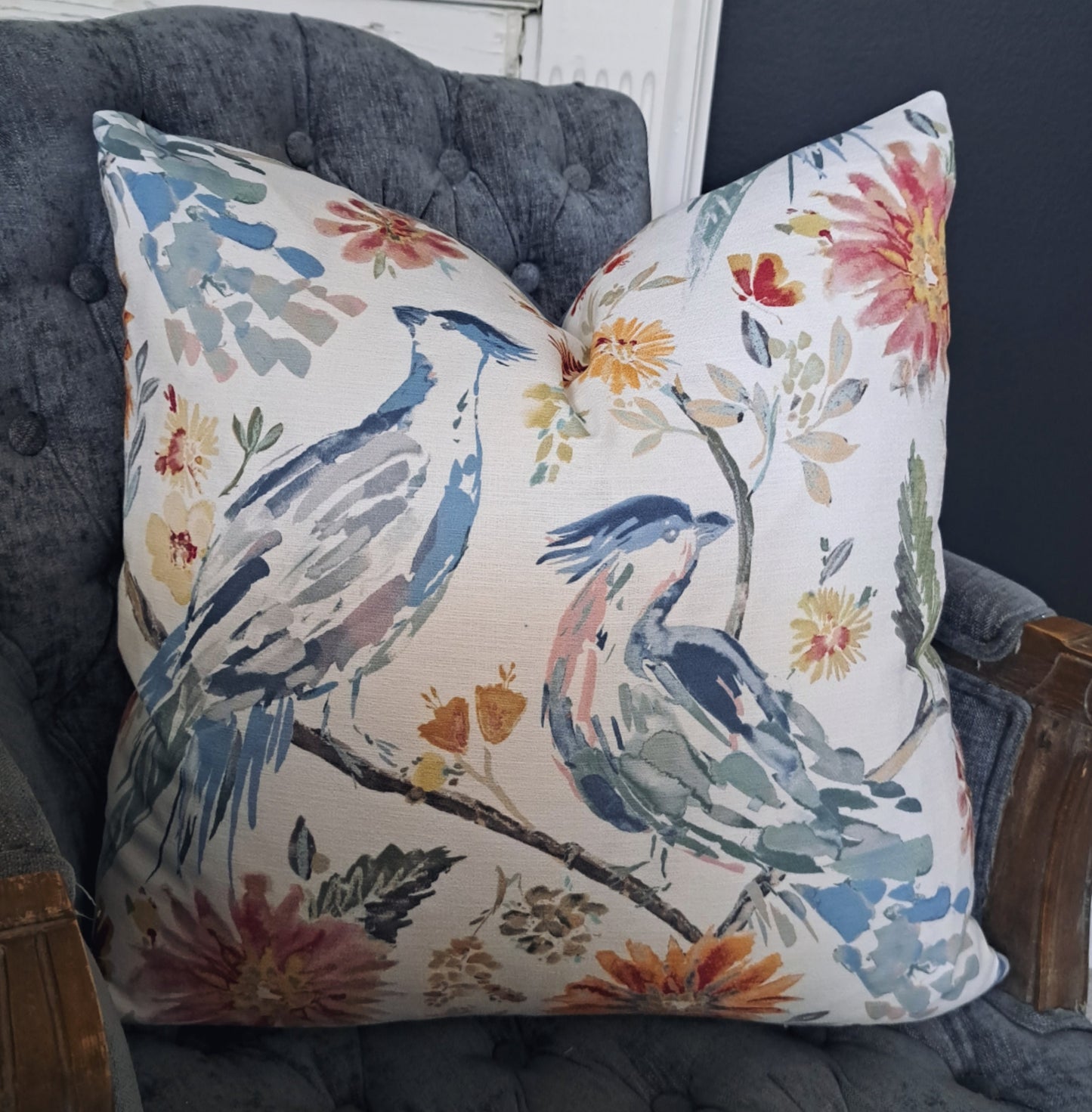 Blue Bird and Colorful Floral Pillow Cover