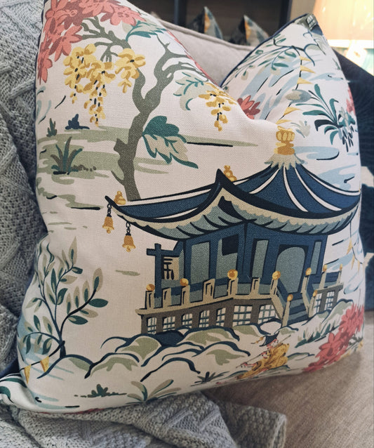 Blue and Blush Chinoiserie Print Pillow Cover