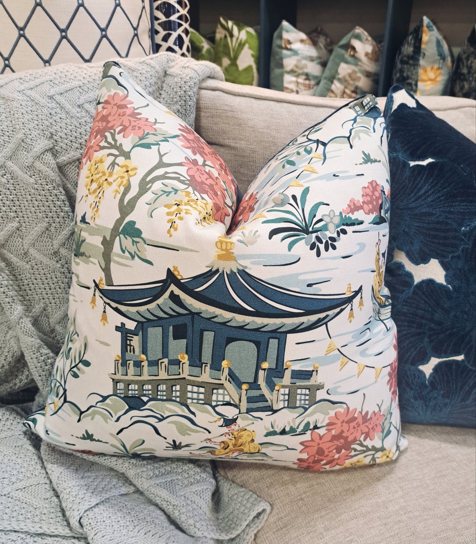 Blue and Blush Chinoiserie Print Pillow Cover