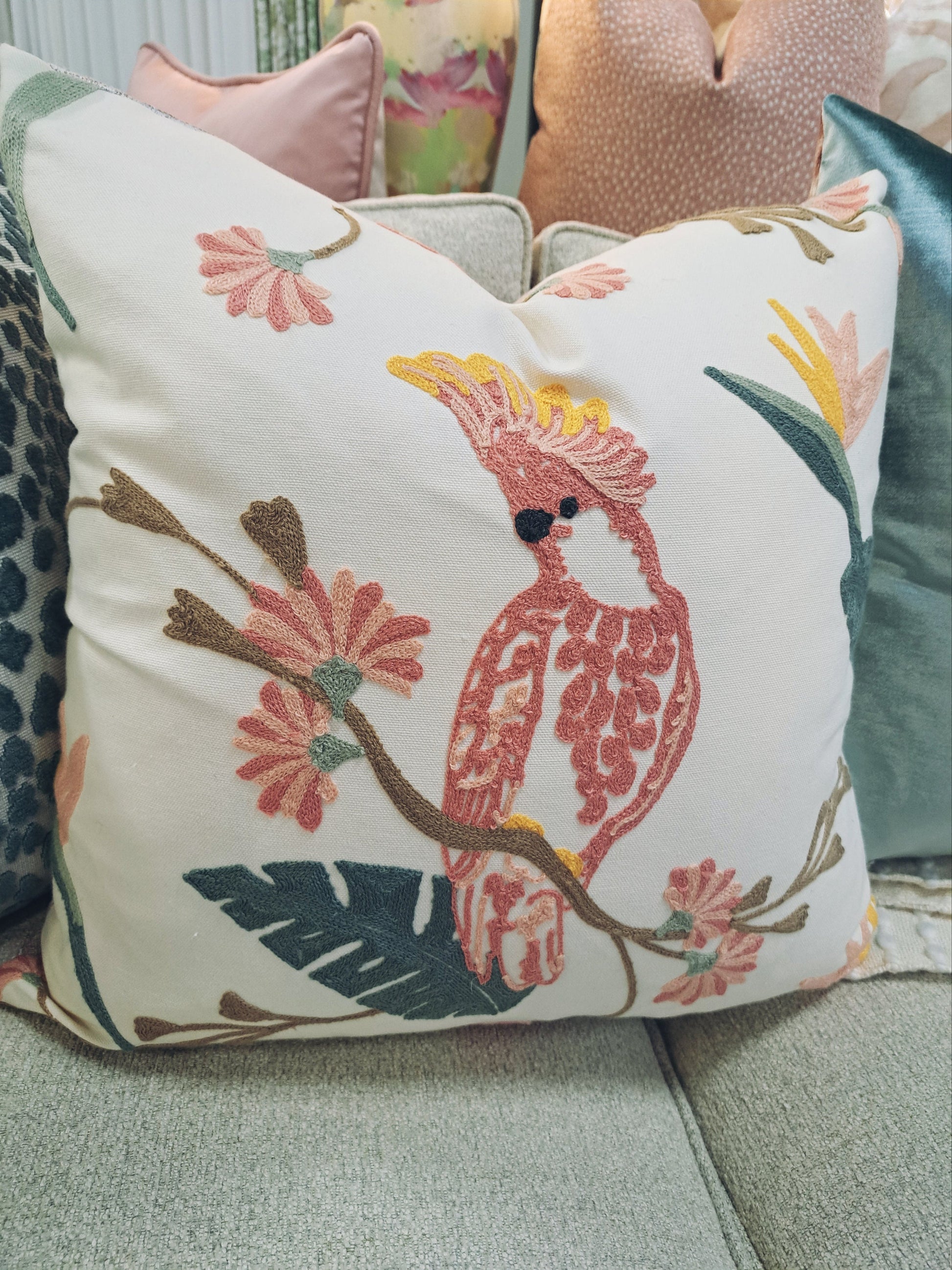 Pink Parrot Crewel Embroidered pillow cover