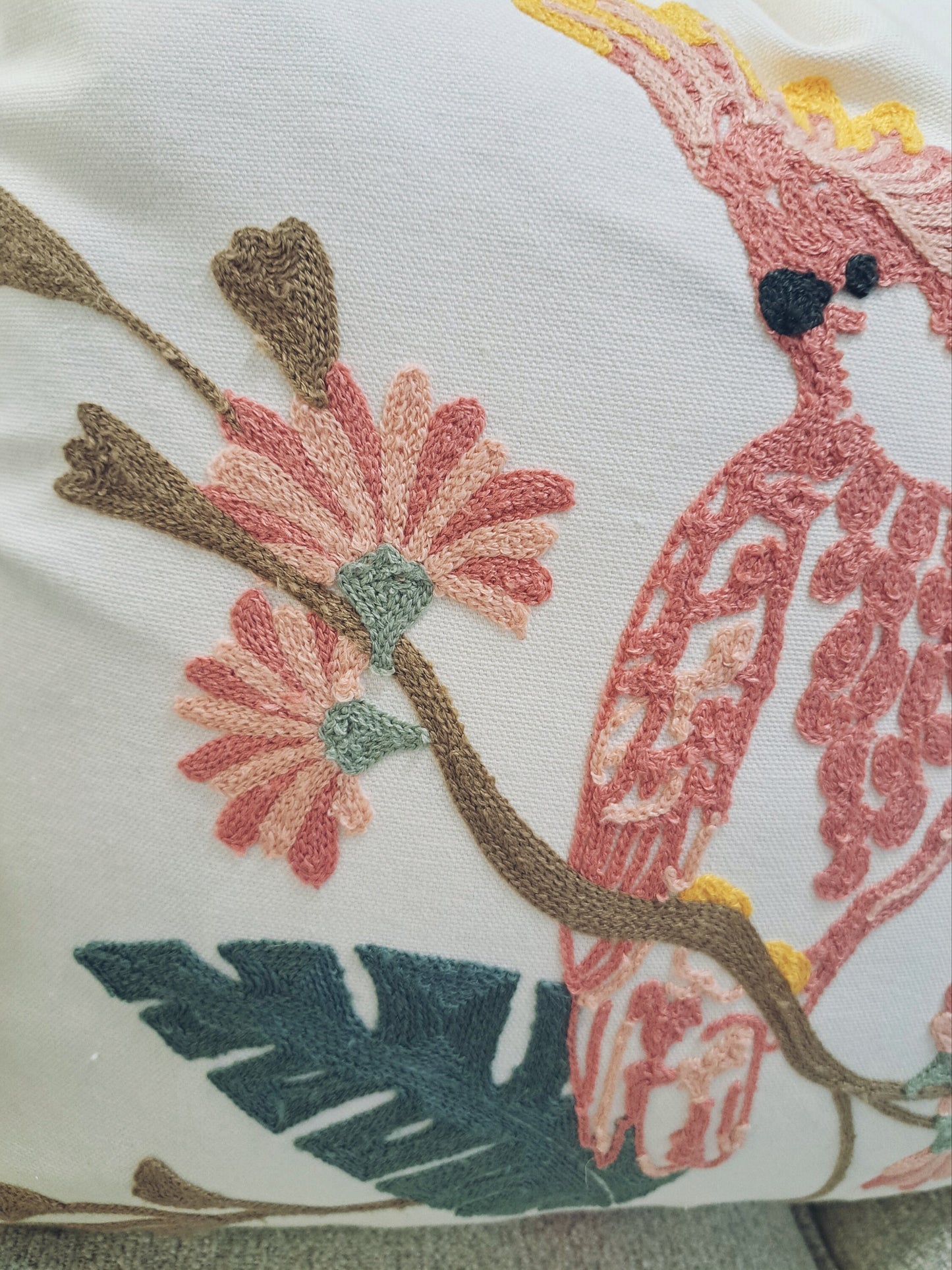 Pink Parrot Crewel Embroidered pillow cover