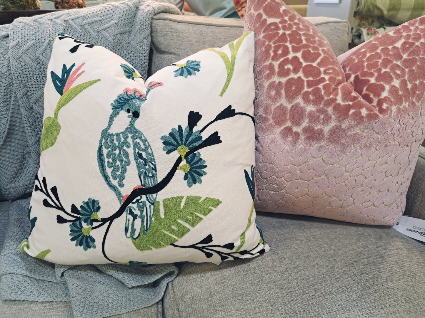 TEAL Parrot Bird Crewel Embroidered pillow cover