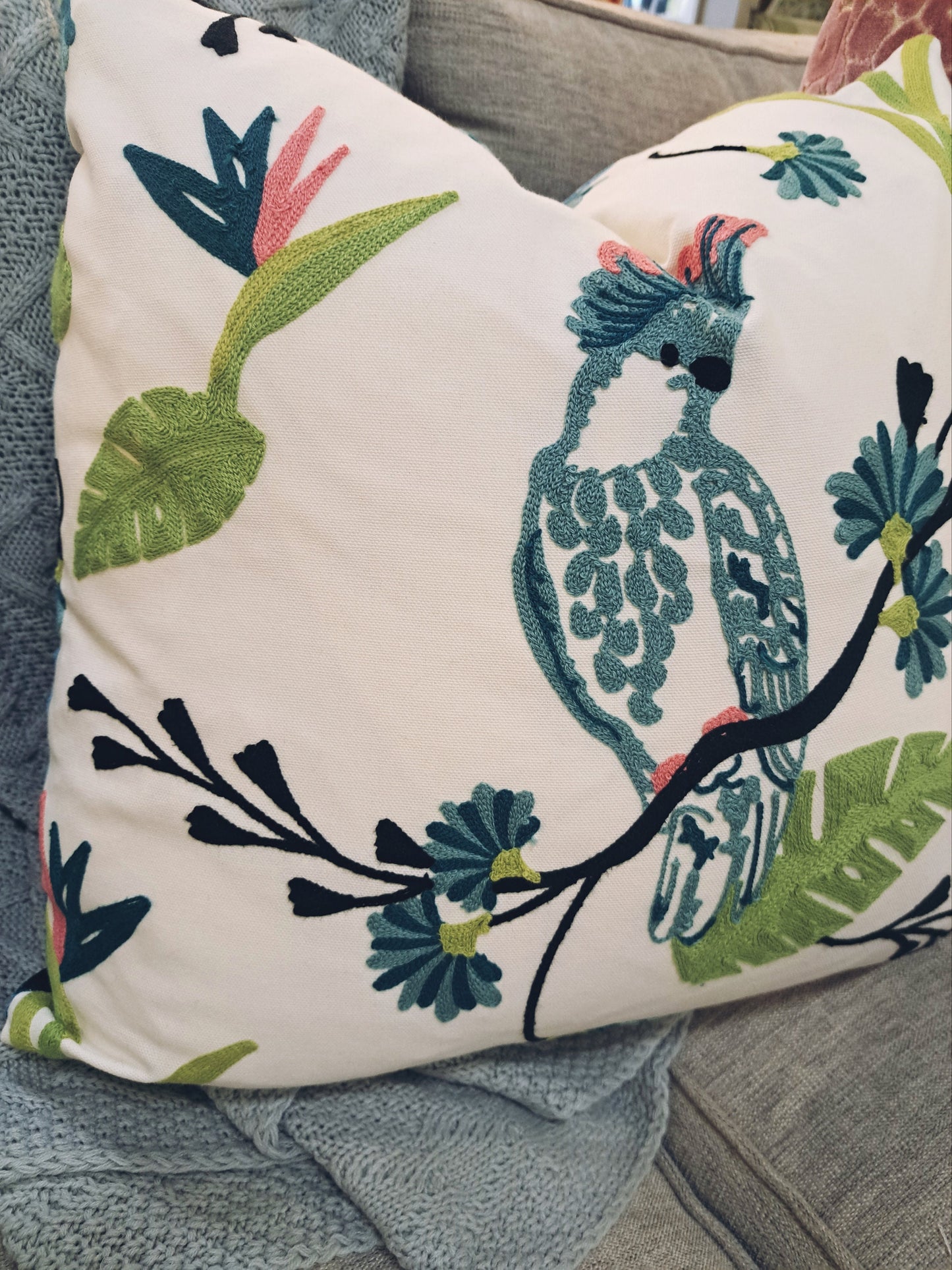 TEAL Parrot Bird Crewel Embroidered pillow cover