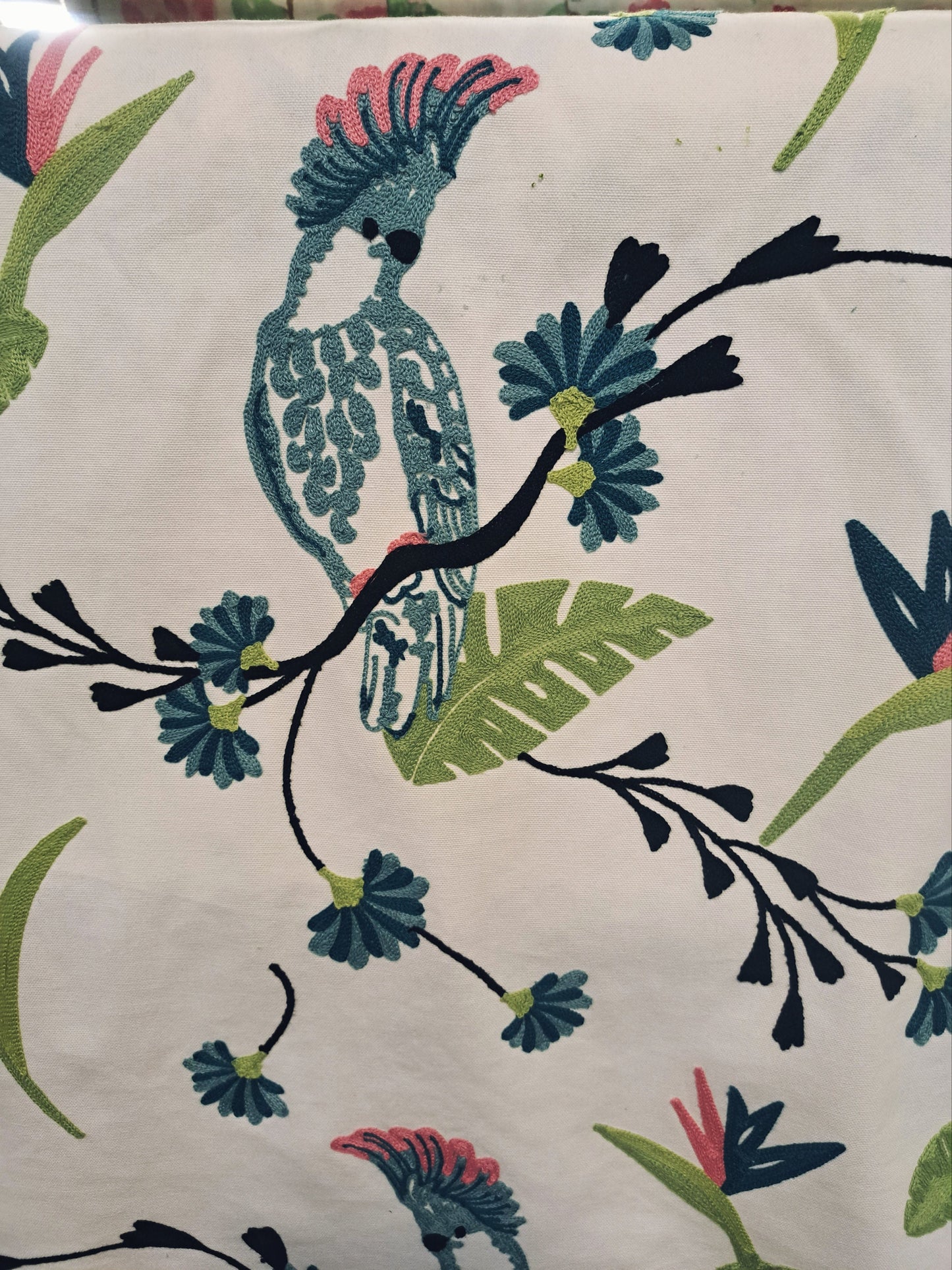 TEAL Parrot Bird Crewel Embroidered pillow cover
