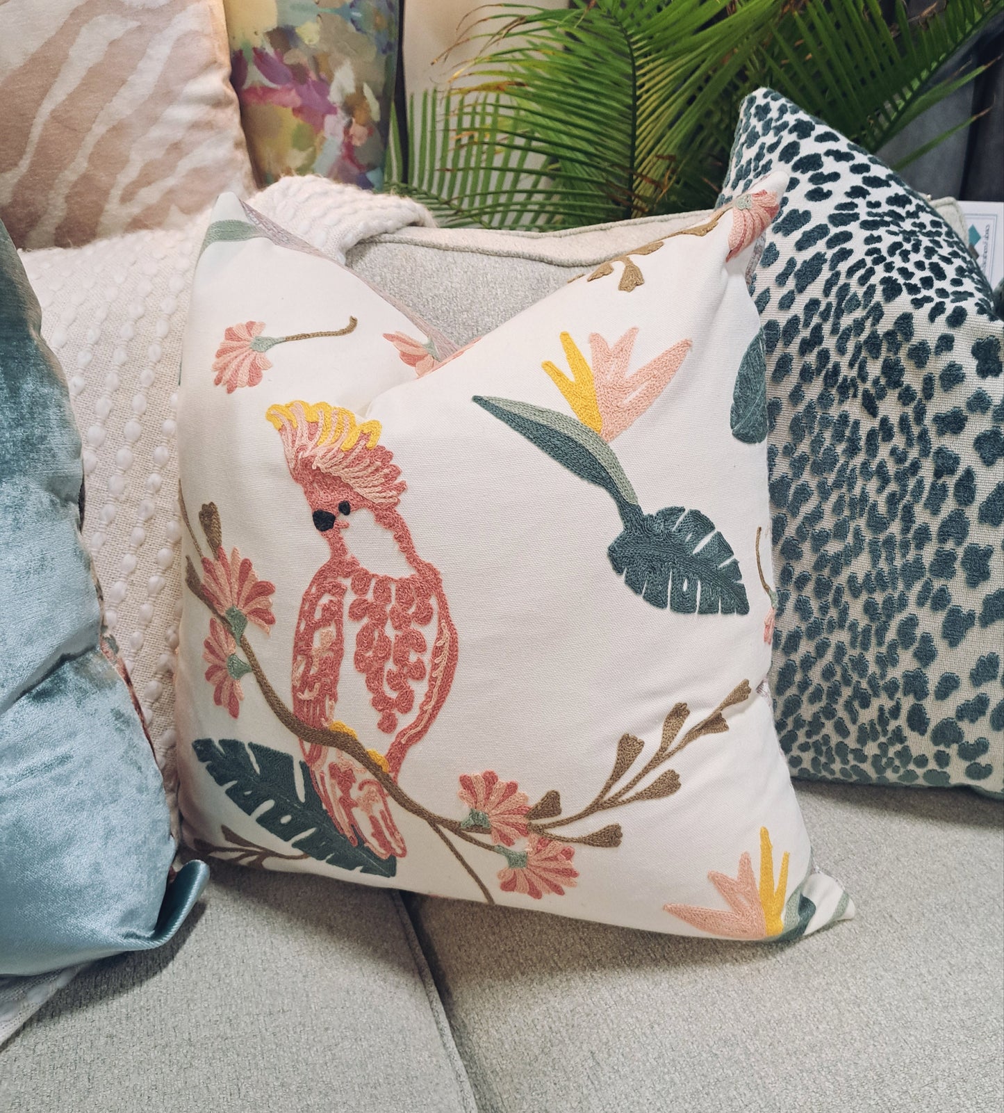 Pink Parrot Crewel Embroidered pillow cover
