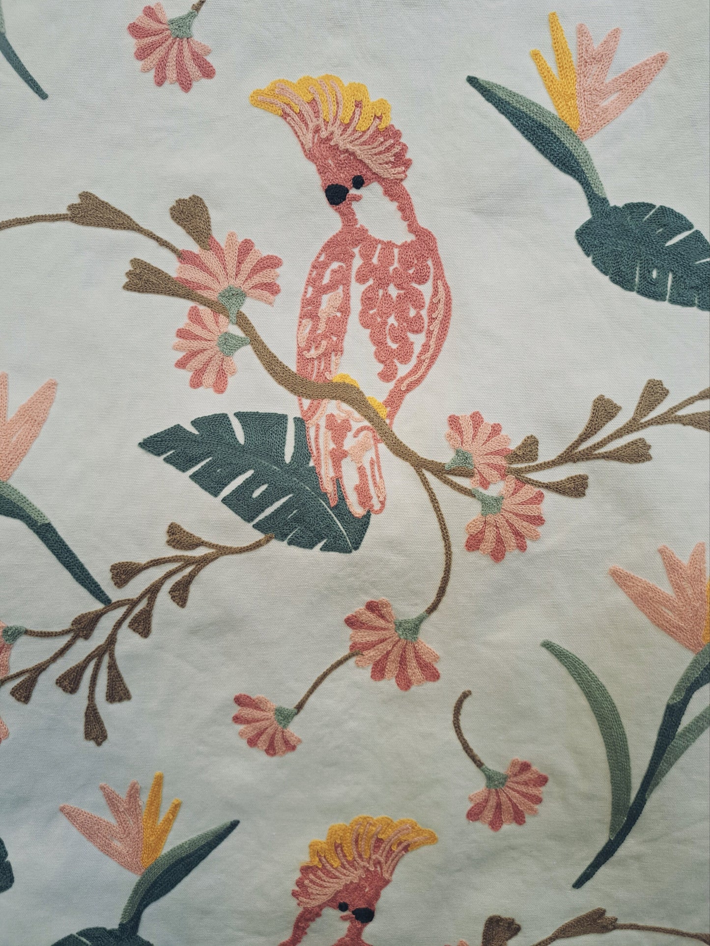 Pink Parrot Crewel Embroidered pillow cover