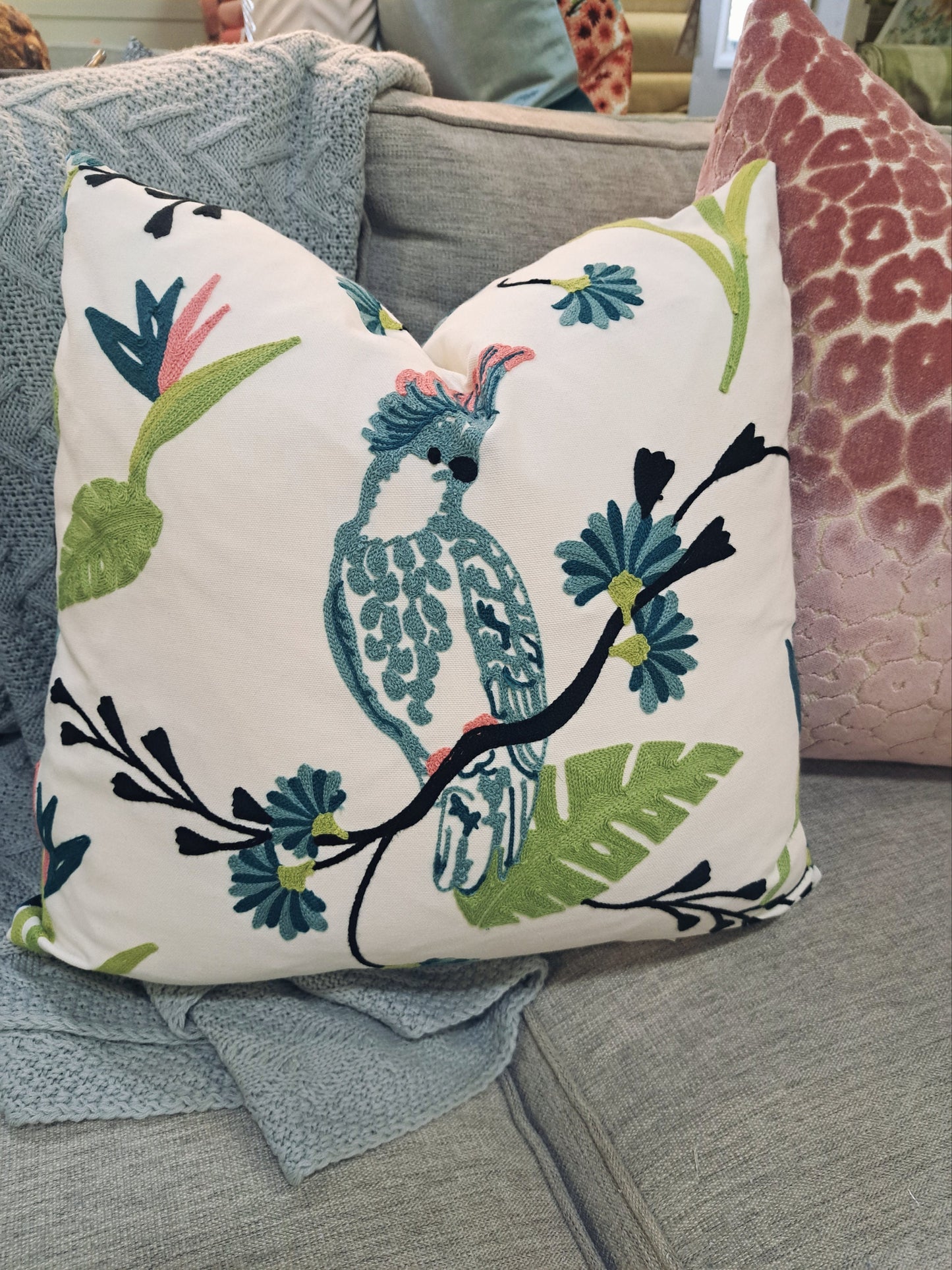 TEAL Parrot Bird Crewel Embroidered pillow cover