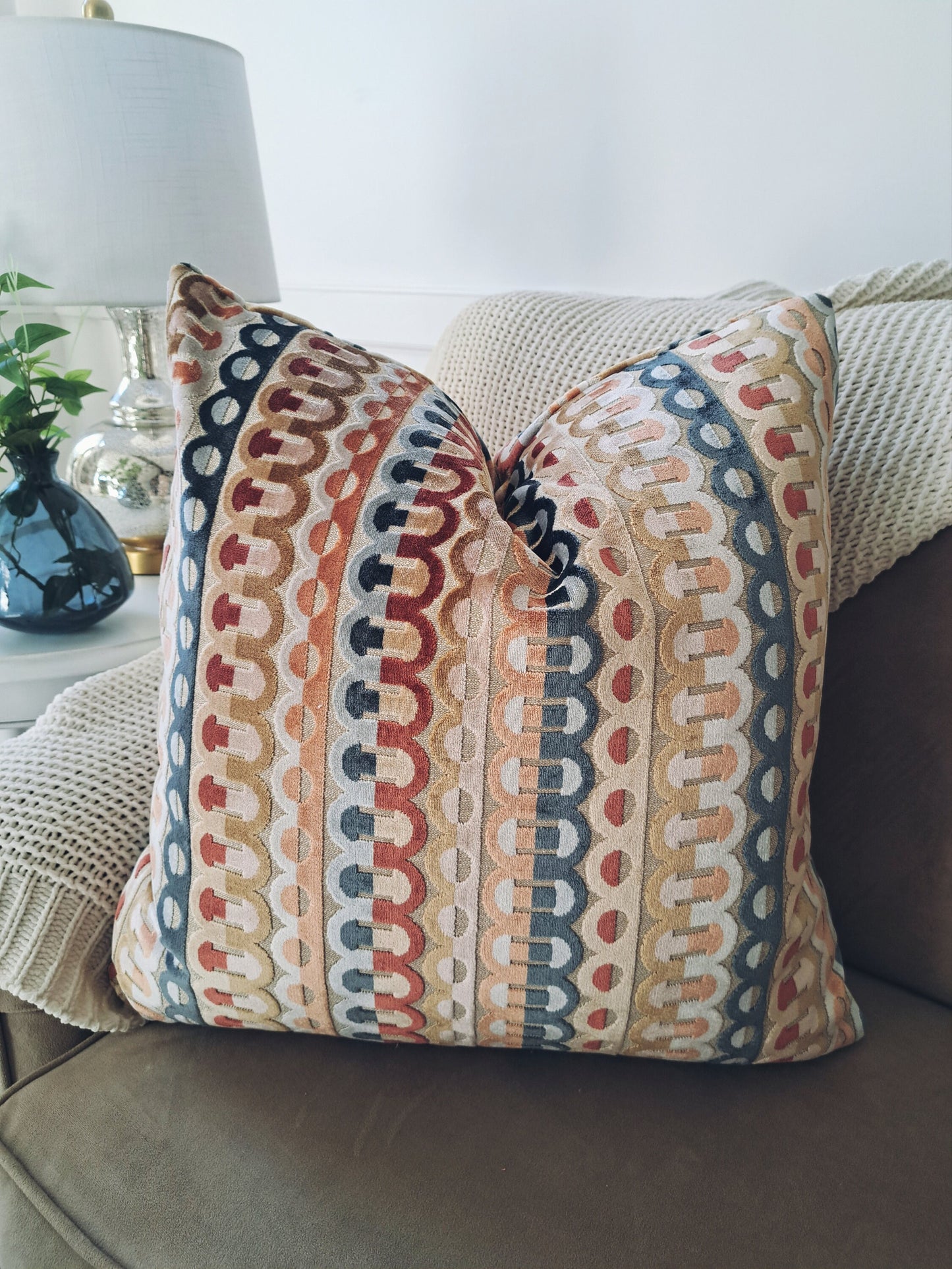 Velvet geometric stripe pillow cover earth tones