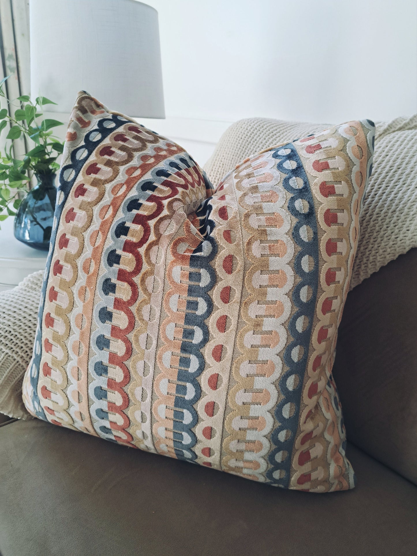 Velvet geometric stripe pillow cover earth tones