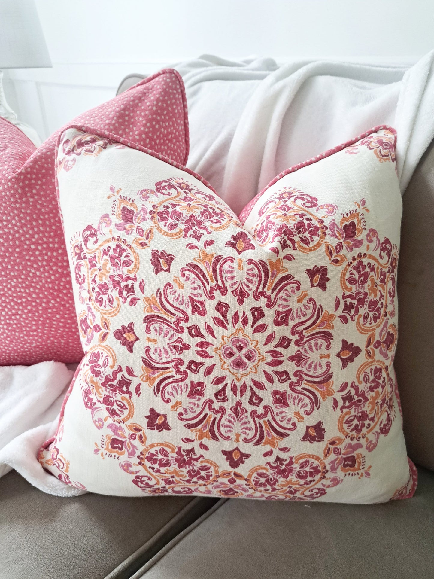 Pink and Orange Damask Print Pillow Cover