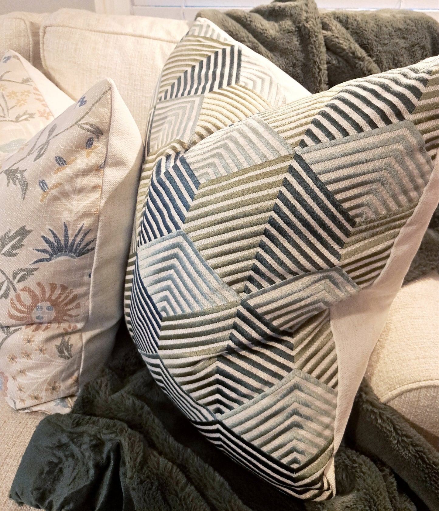 Embroidered Linen Seafoam Pillow Cover