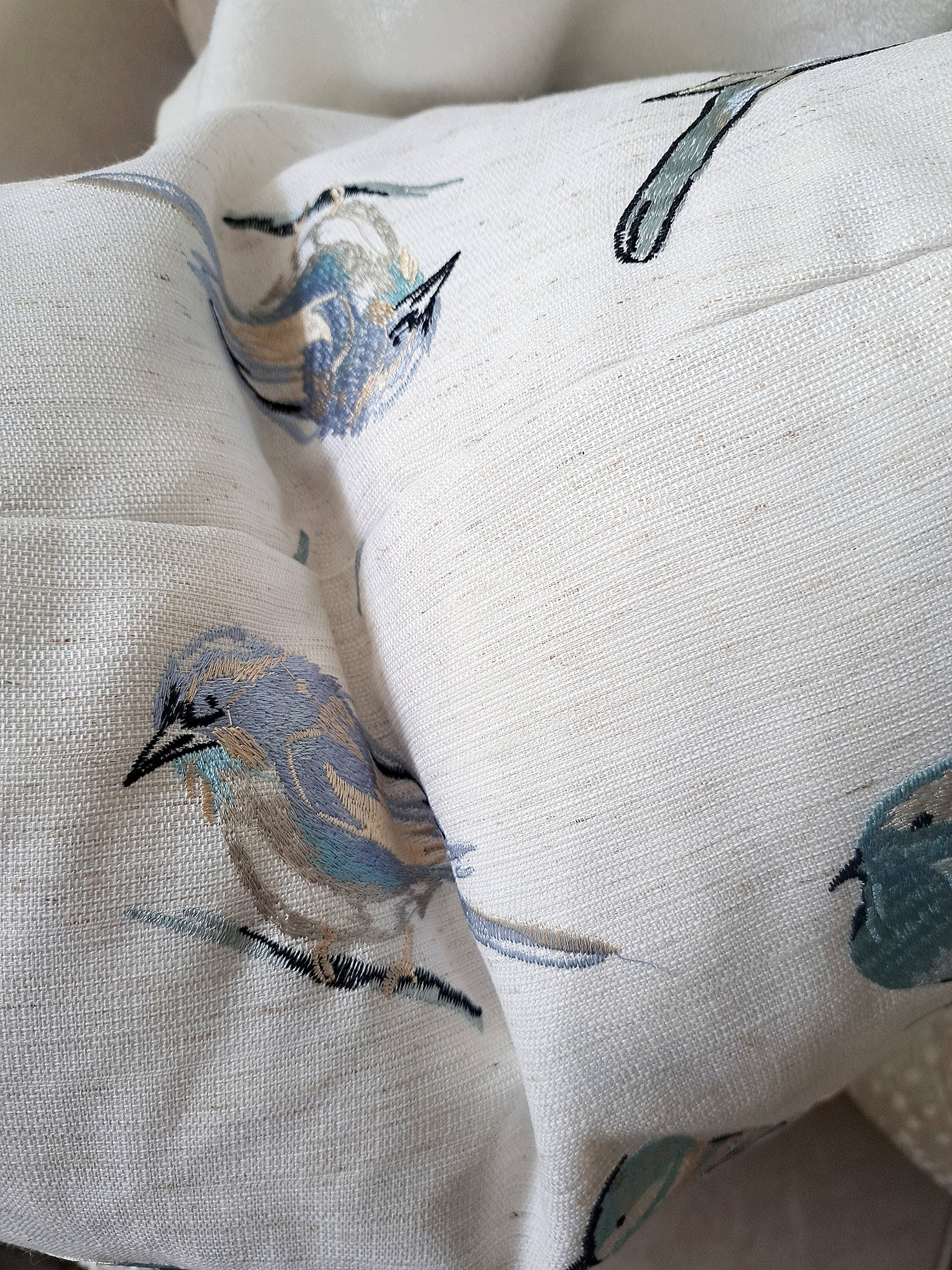 Embroidered Blue Bird Pillow Cover