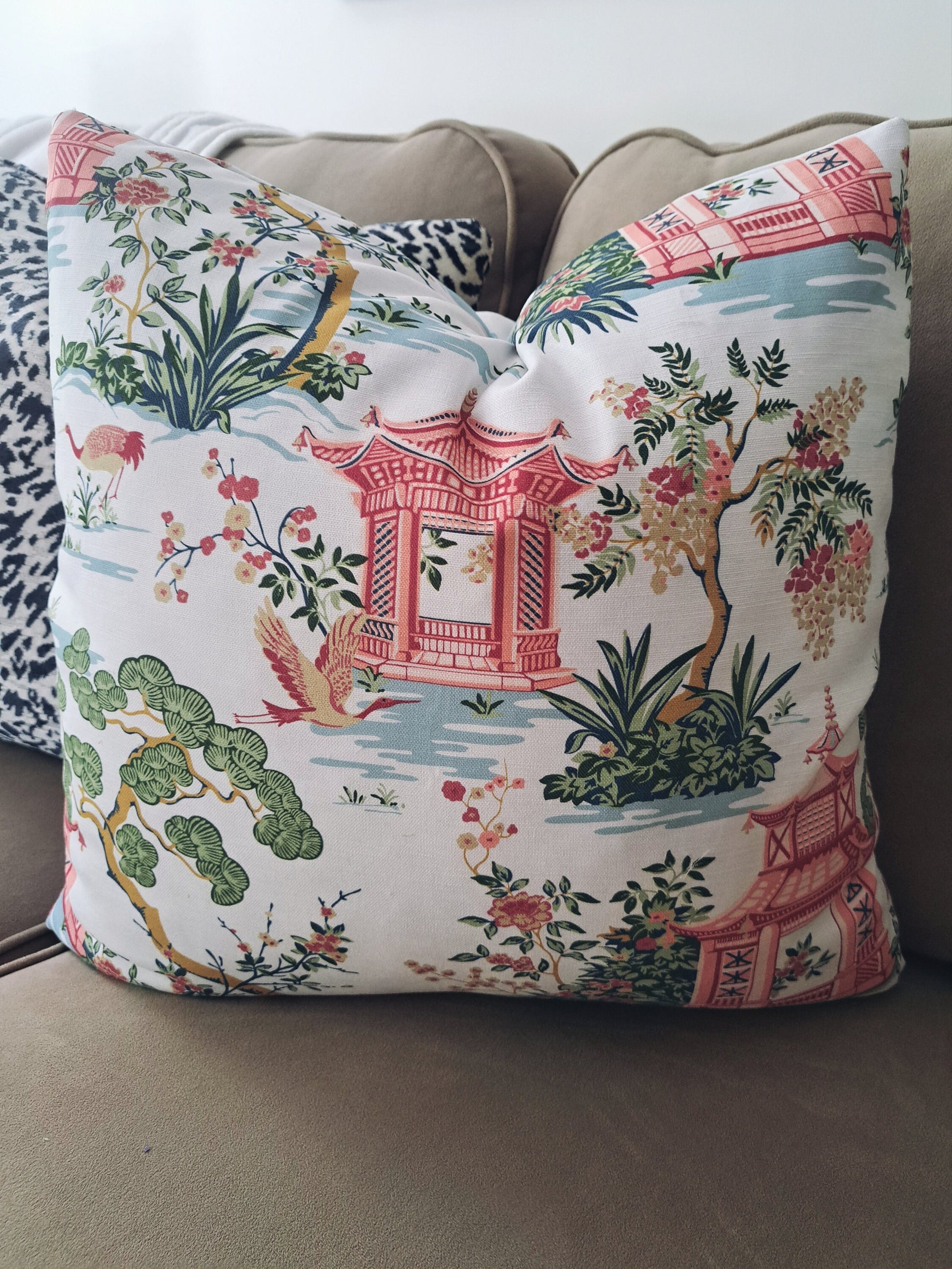 Blush Pink and Green Chinoiserie Scenery Pillow Cover