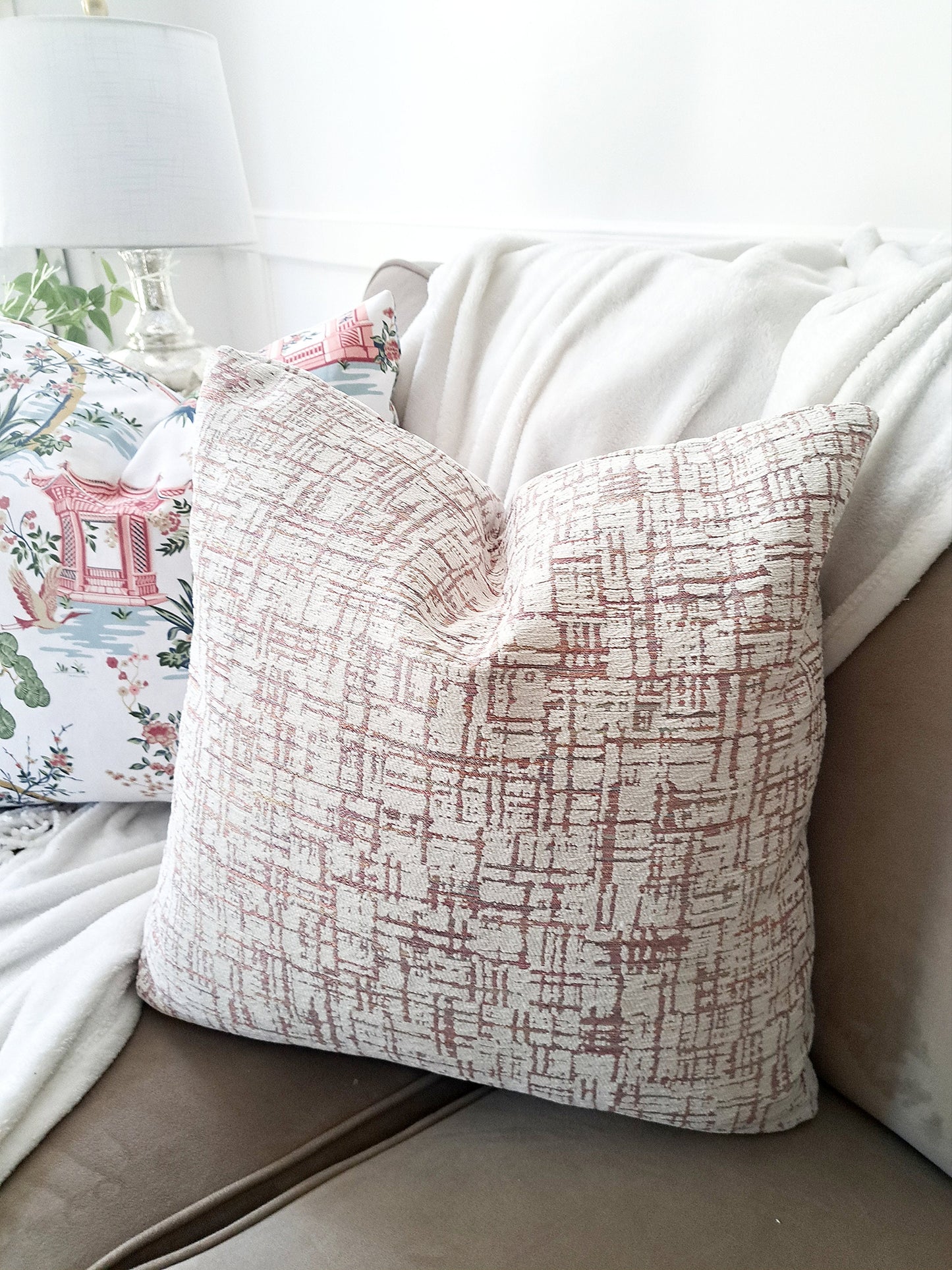 Pink and Cream Griddy Chenille Pillow Cover