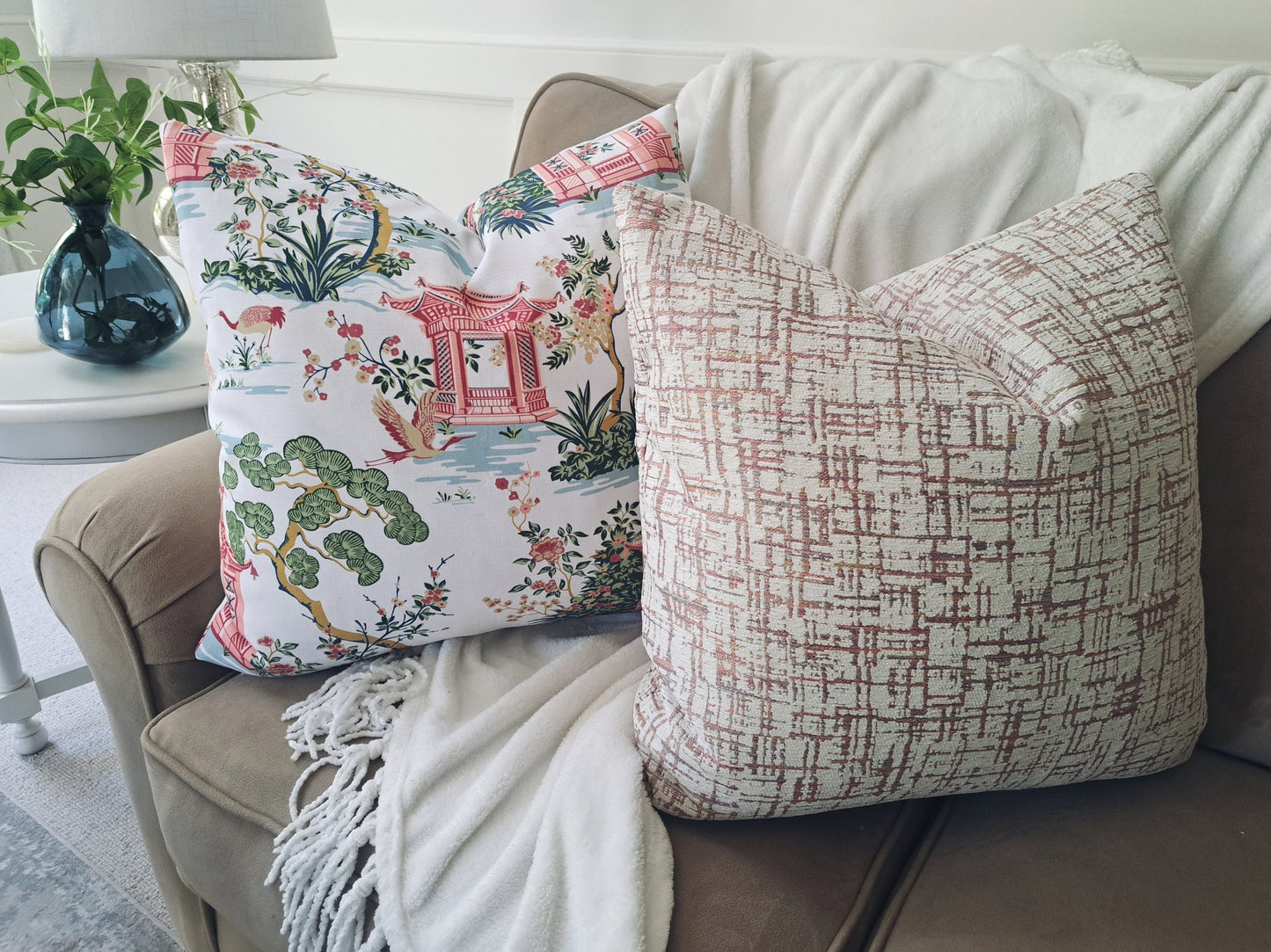 Pink and Cream Griddy Chenille Pillow Cover