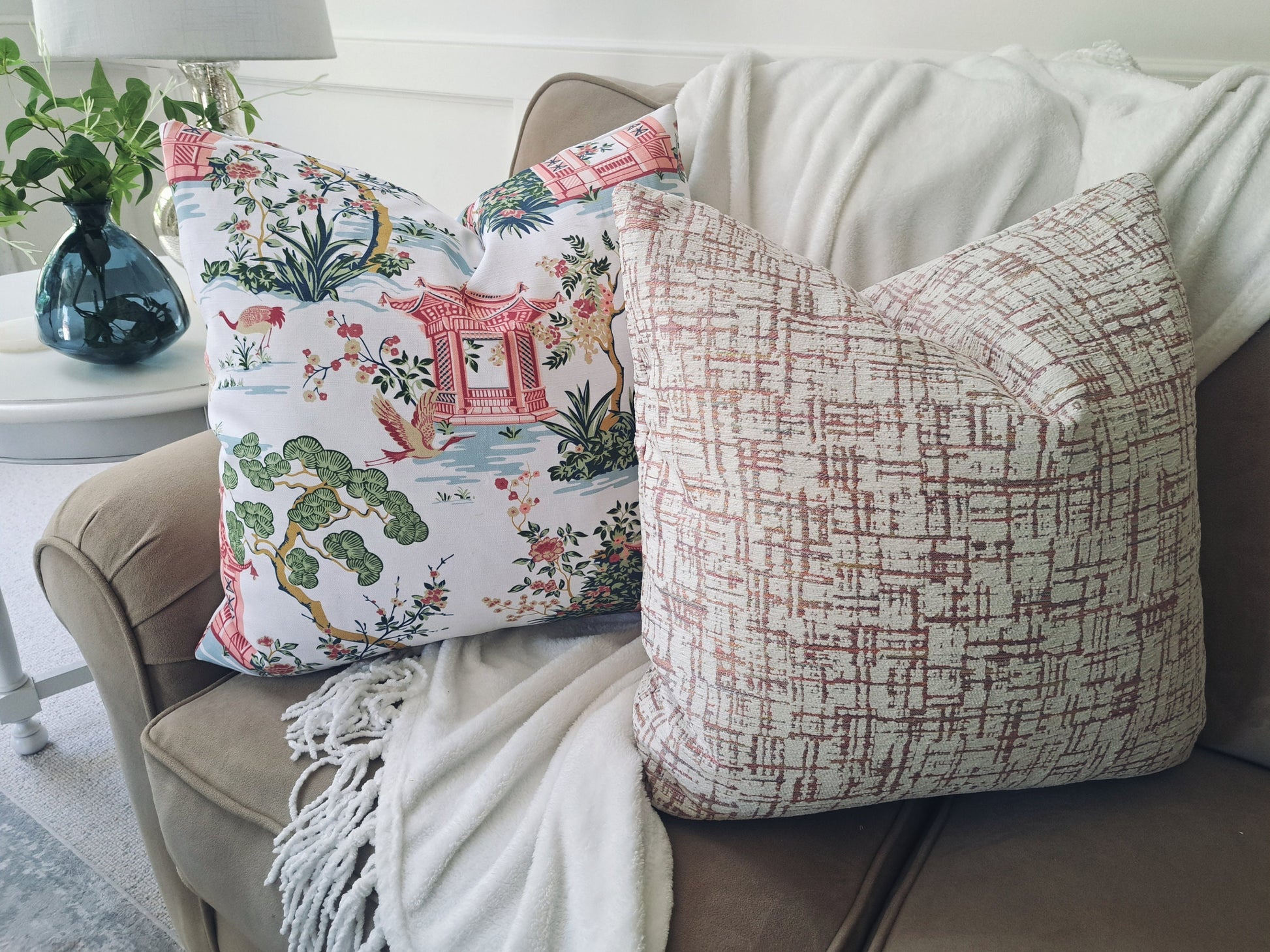 Pink and Cream Griddy Chenille Pillow Cover