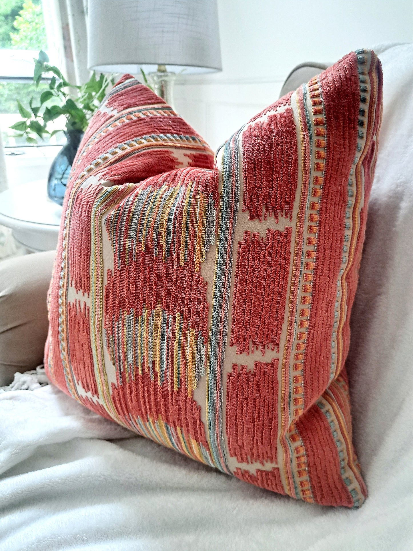Stripe Ikat Boho Coral Orange Chenille Pillow Cover