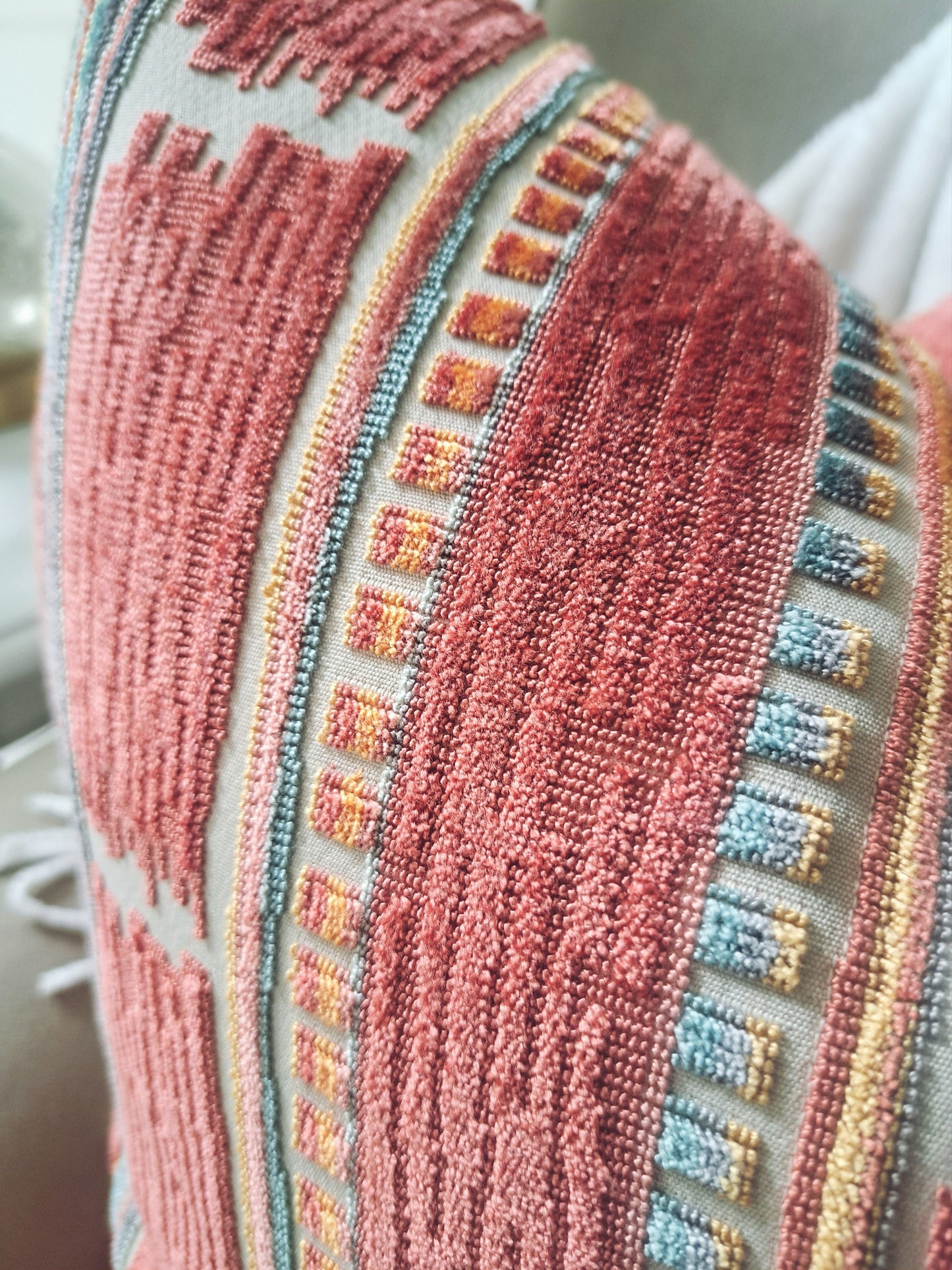 Stripe Ikat Boho Coral Orange Chenille Pillow Cover