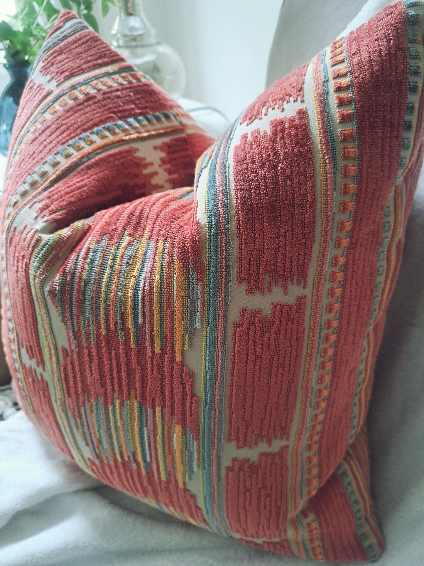 Stripe Ikat Boho Coral Orange Chenille Pillow Cover