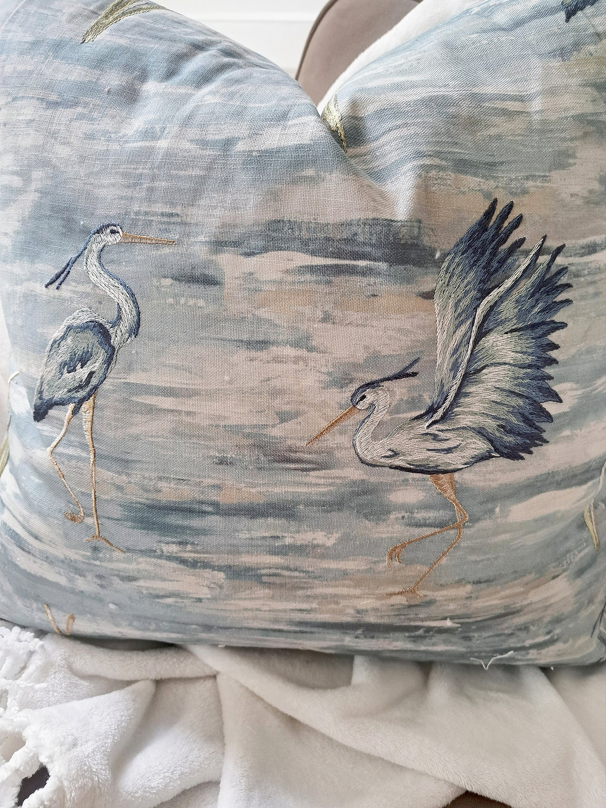 Embroidered Bird Ocean Blue Pillow Cover