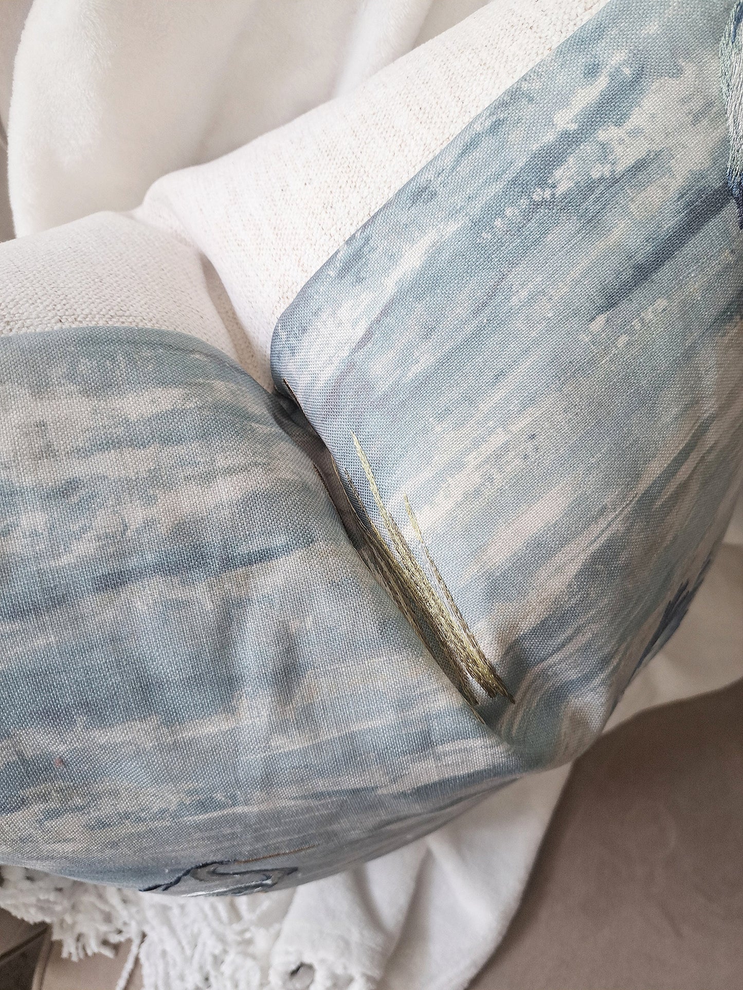 Embroidered Bird Ocean Blue Pillow Cover