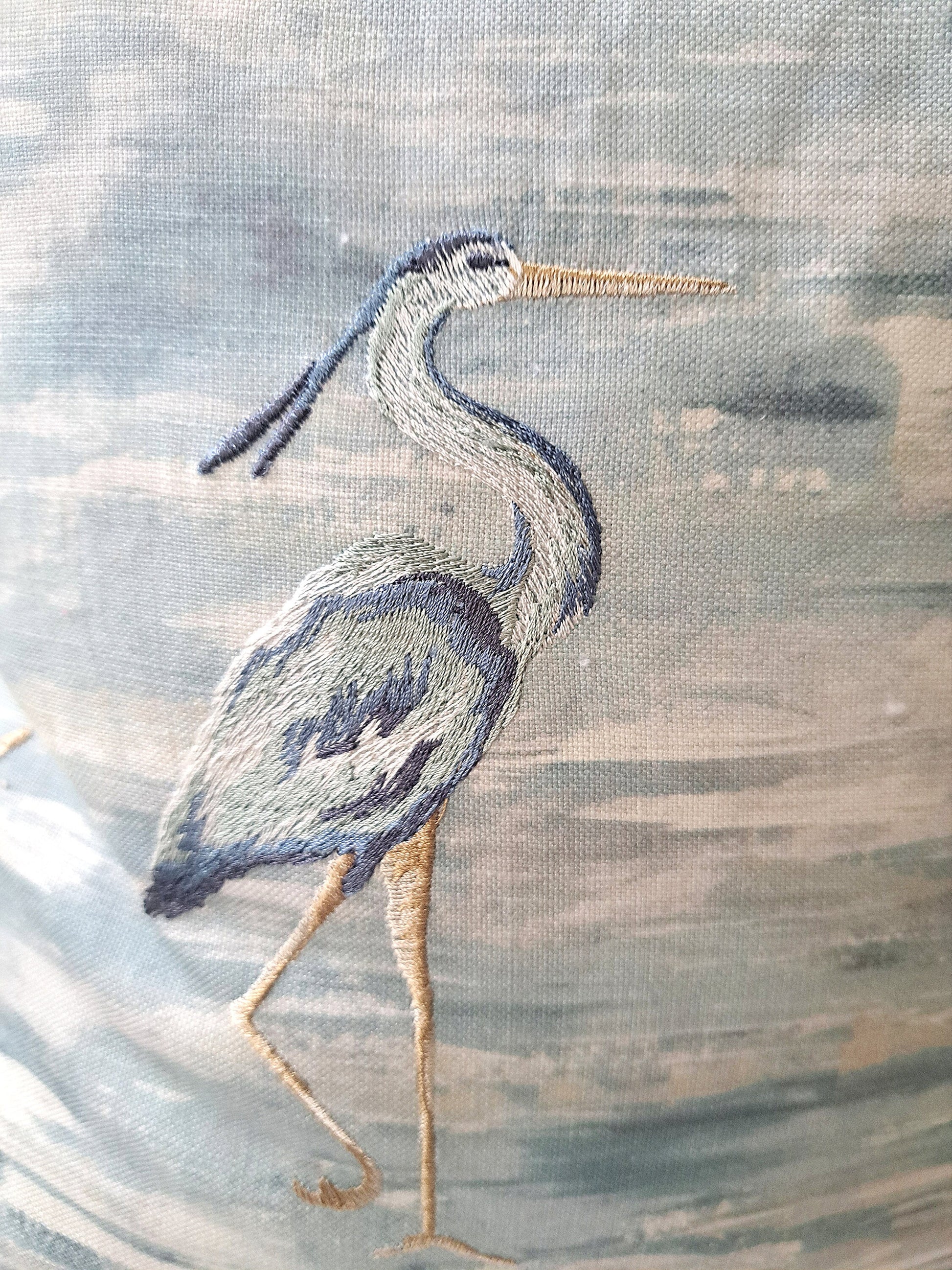 Embroidered Bird Ocean Blue Pillow Cover