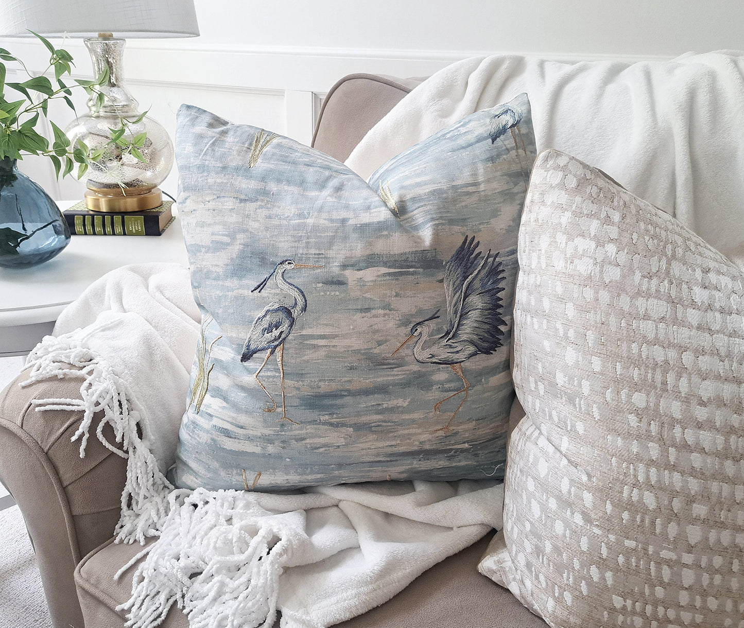Embroidered Bird Ocean Blue Pillow Cover