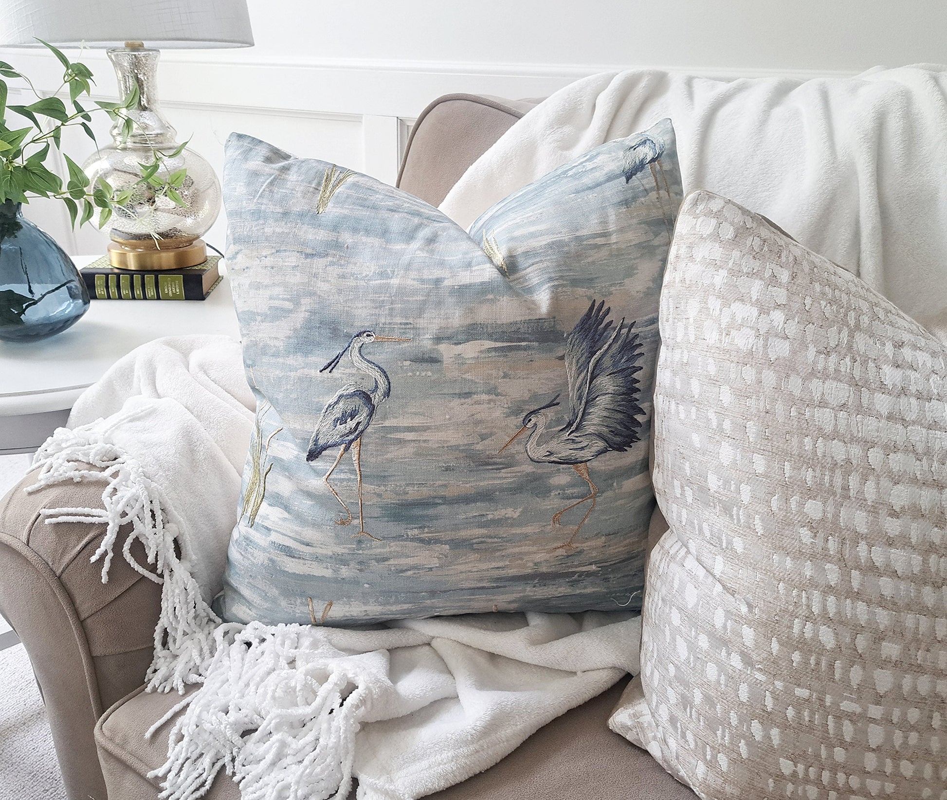 Embroidered Bird Ocean Blue Pillow Cover