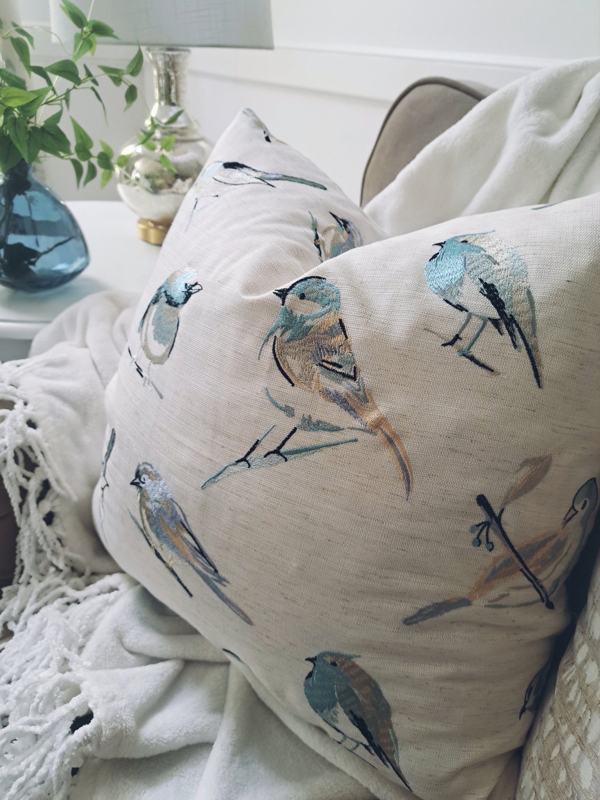 Embroidered Blue Bird Pillow Cover