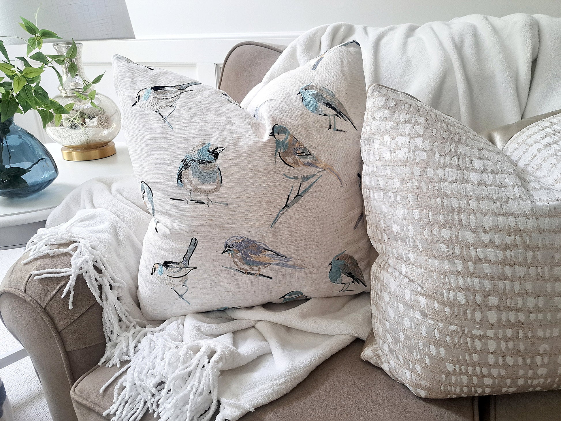 Embroidered Blue Bird Pillow Cover