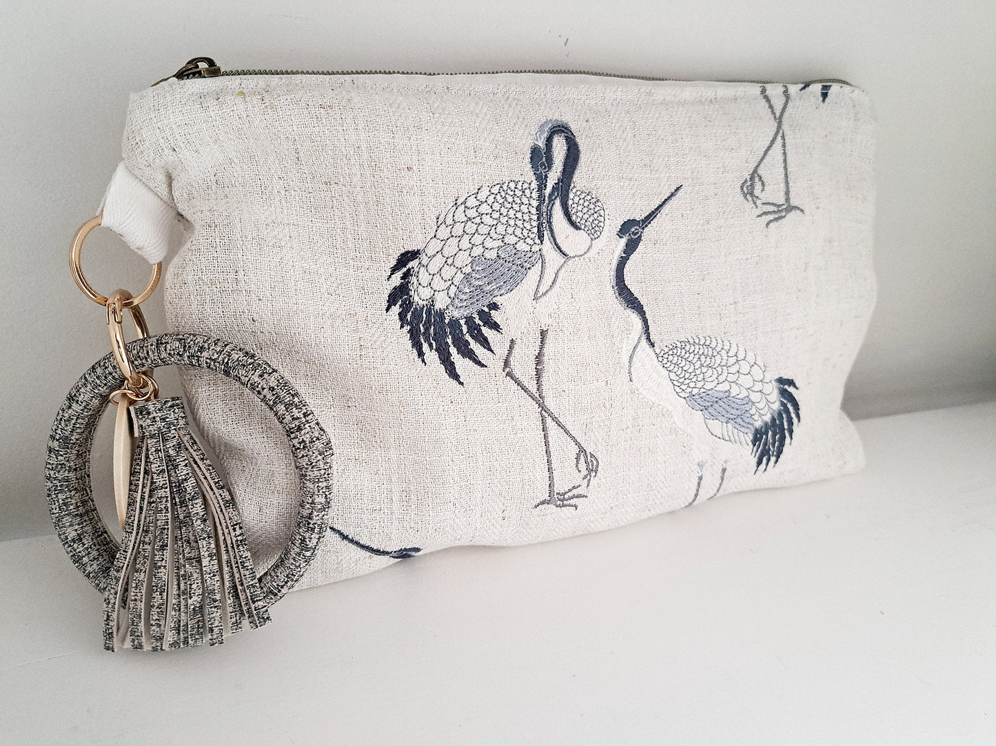 Embroidered Heron Clutch Bag