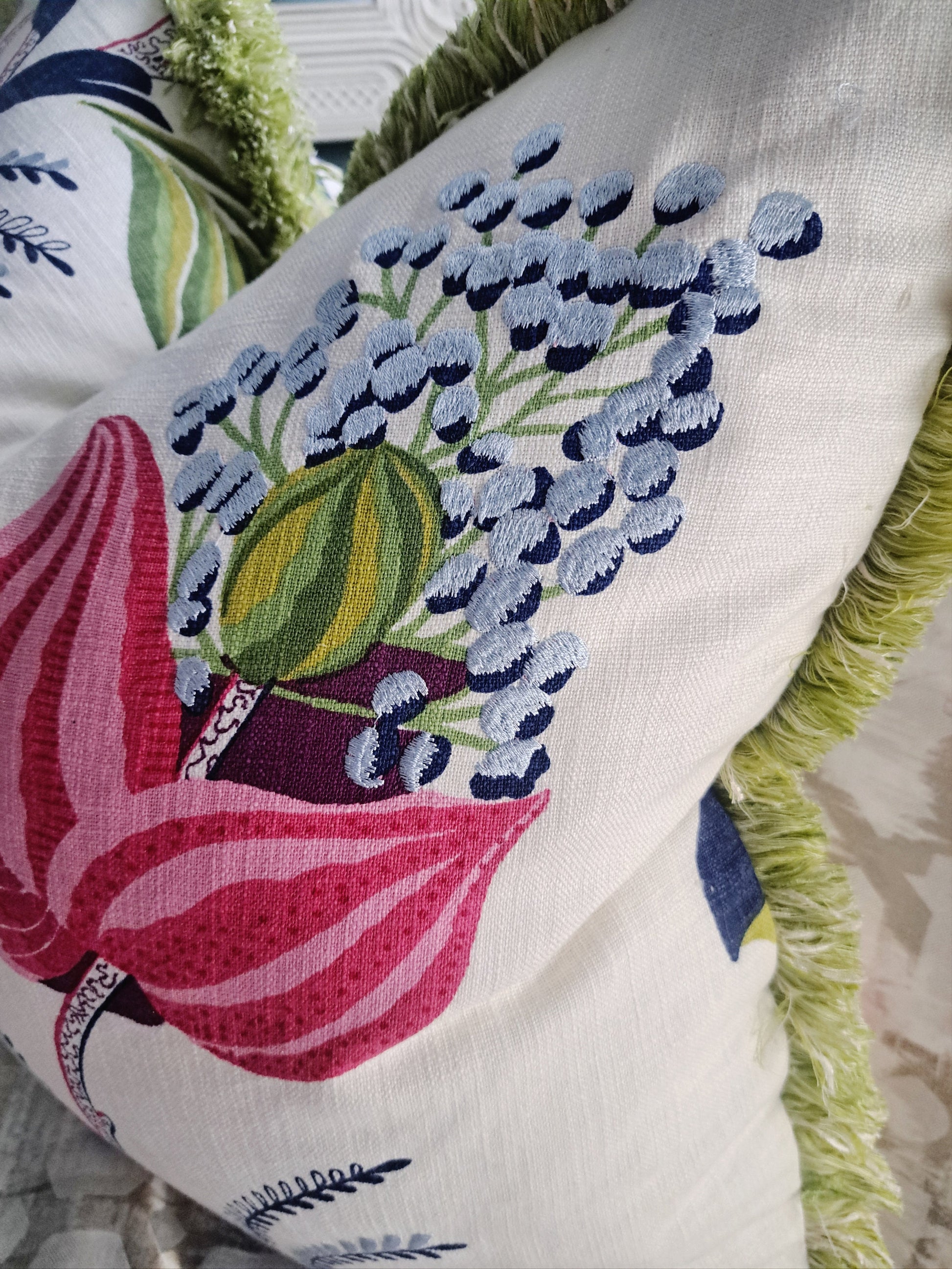 Embroidered Graphic Floral Pink Fuchsia Pillow Cover