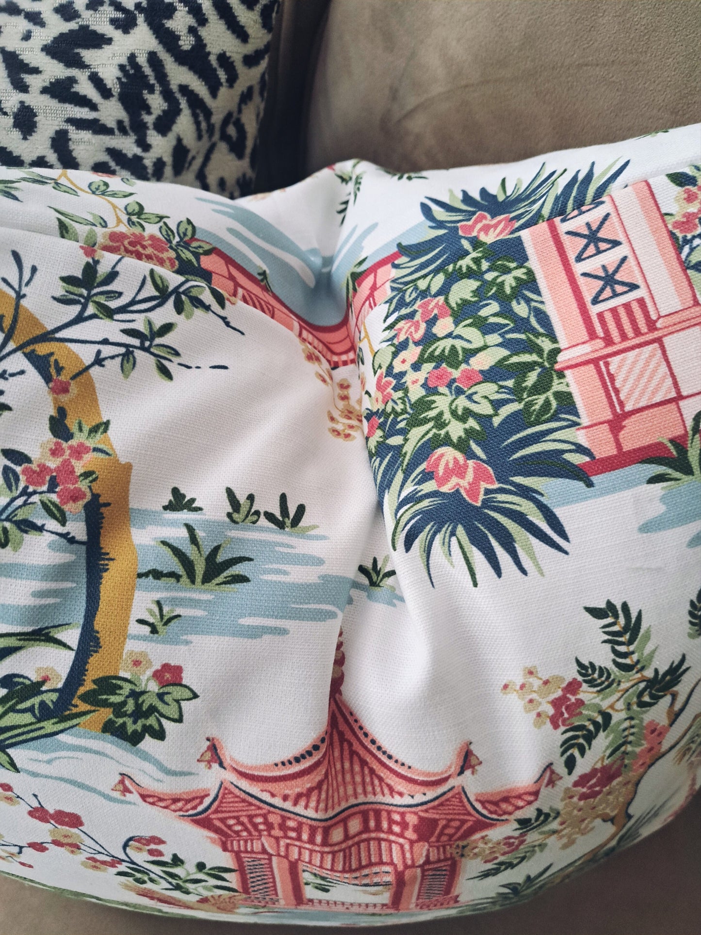 Blush Pink and Green Chinoiserie Scenery Pillow Cover