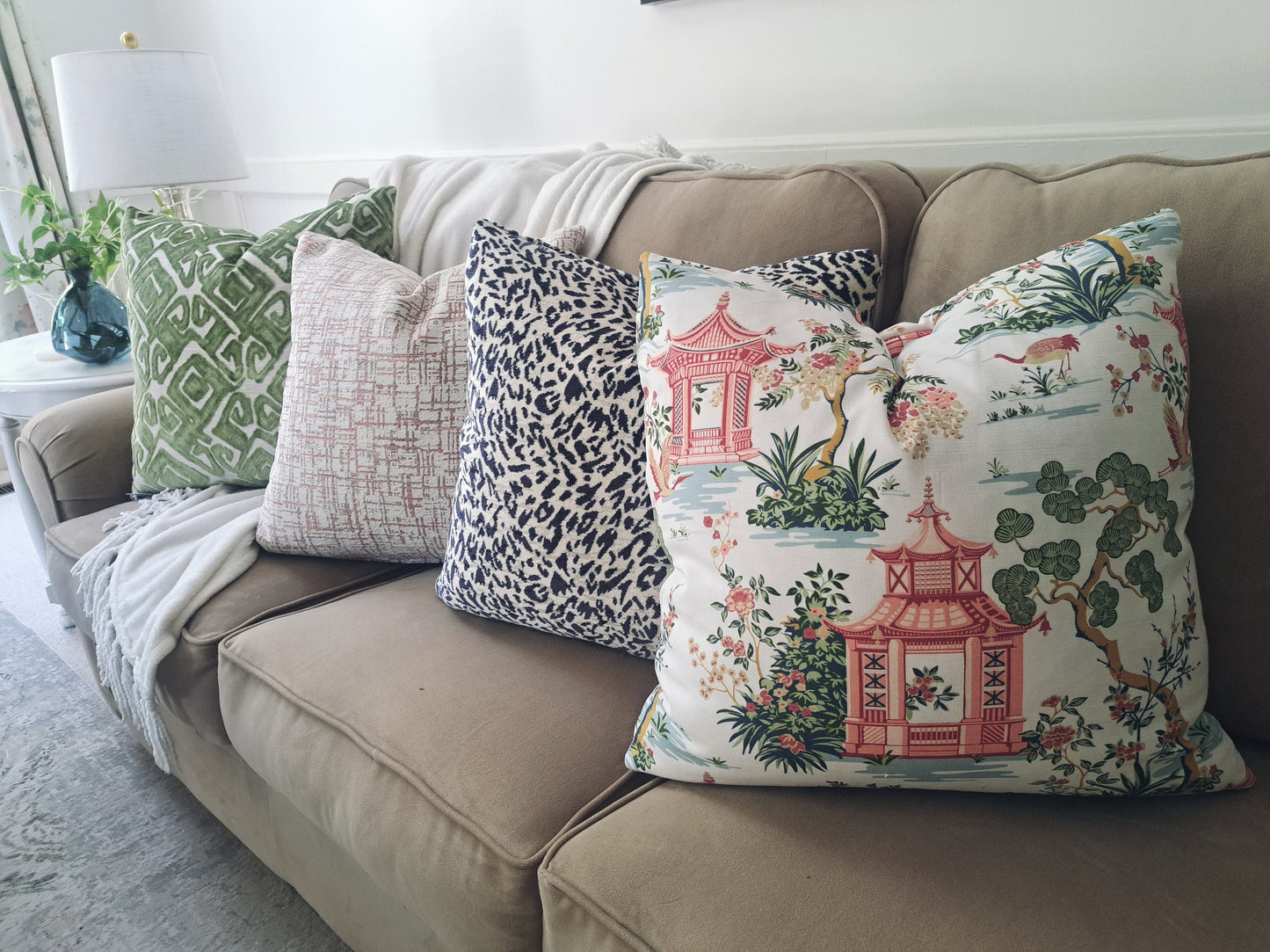 Blush Pink and Green Chinoiserie Scenery Pillow Cover