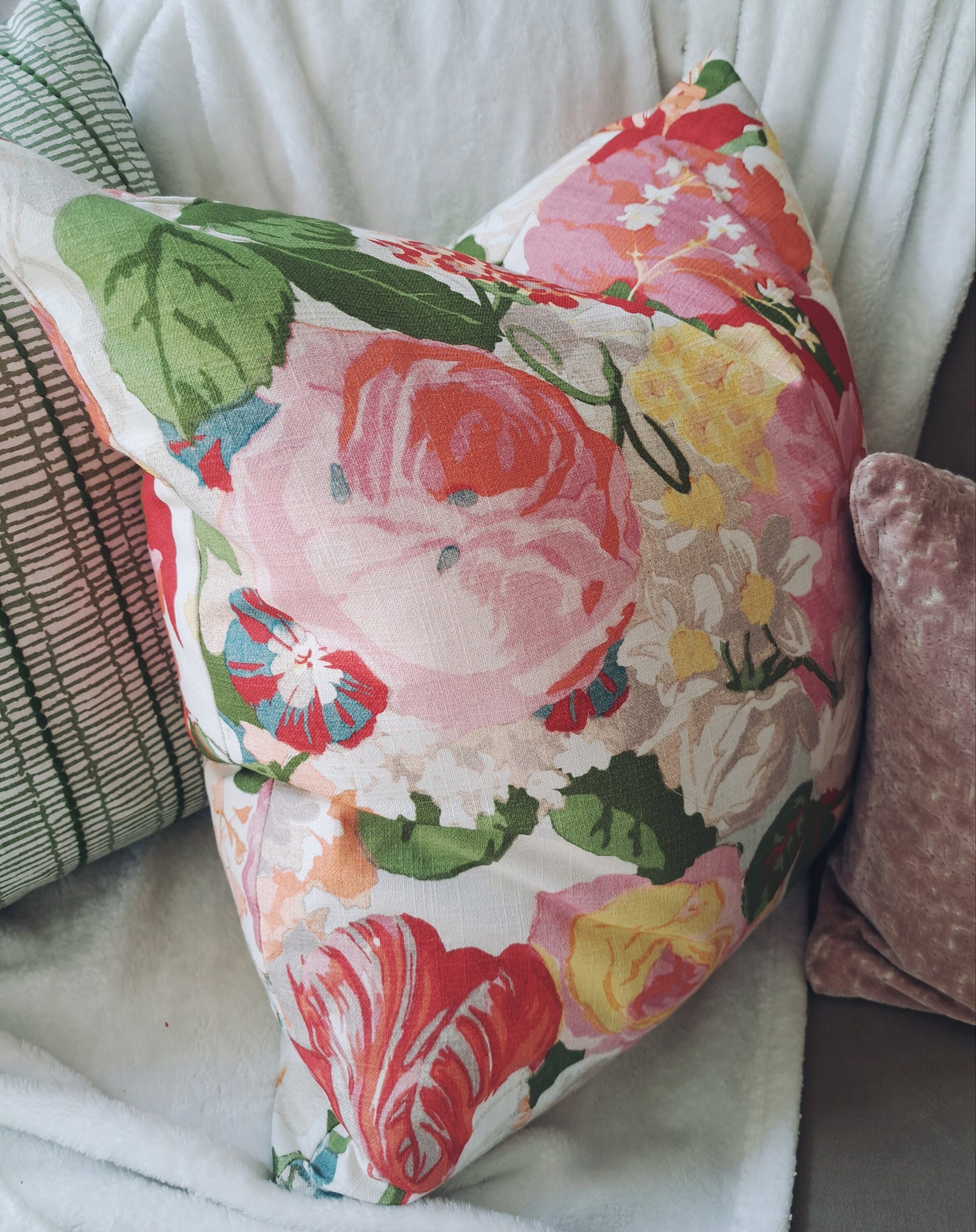 Red and Pink Floral Pillow Cover
