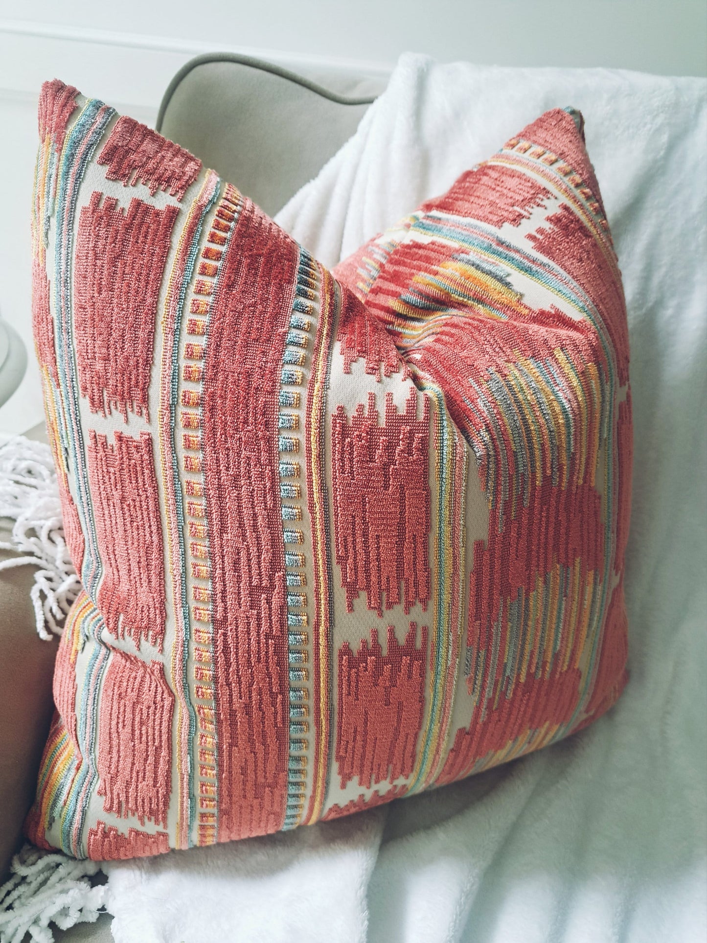 Stripe Ikat Boho Coral Orange Chenille Pillow Cover