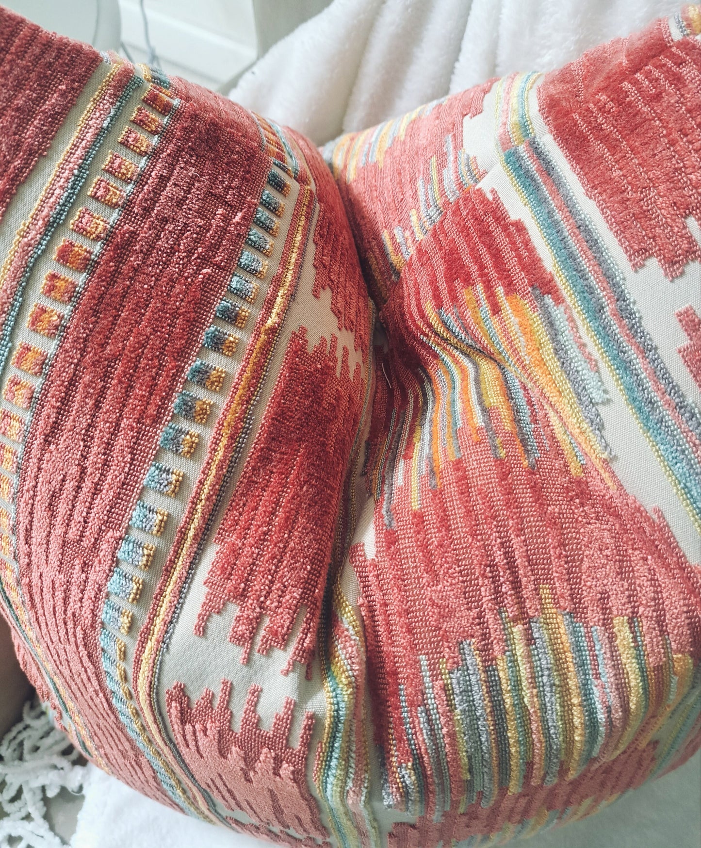 Stripe Ikat Boho Coral Orange Chenille Pillow Cover