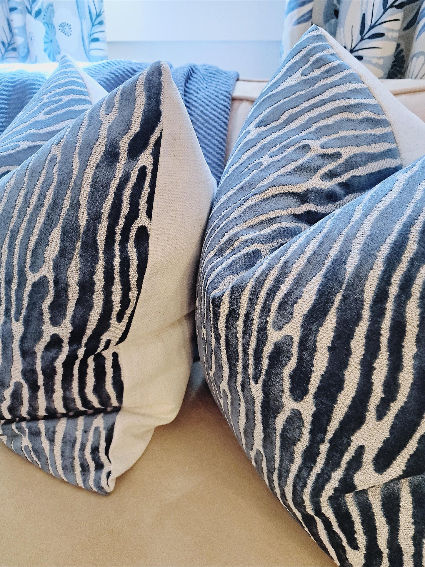 Bedford Marine Blue Abstract Stripe Cut Velvet Pillow Cover
