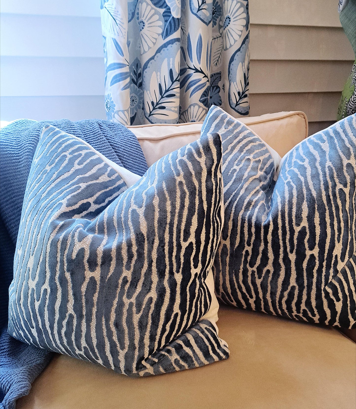 Bedford Marine Blue Abstract Stripe Cut Velvet Pillow Cover